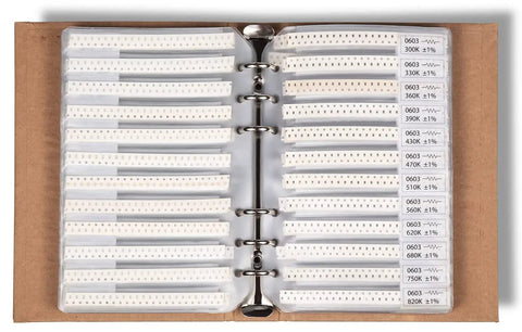Badass Smd 0603 Electronic Components Assortment Book With 5435 Pieces showing neatly organized resistors with various ohm ratings.
