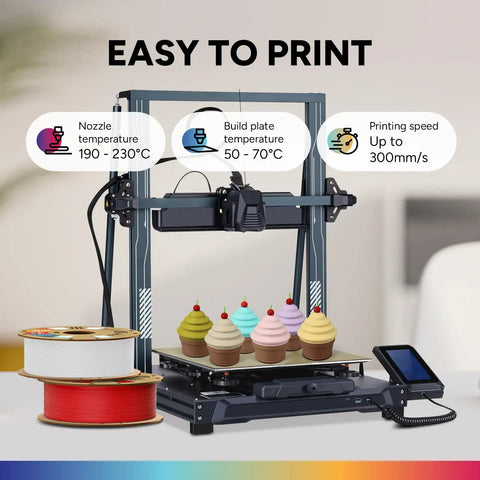 Top Notch Matte PLA Filament 2KG Spool for 3D printing cupcakes with settings displayed on a printer.
