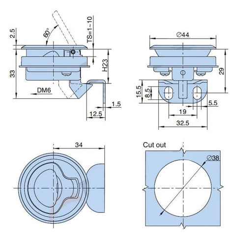 Hardcore 316 Stainless Steel Flush Marine Hatch Latch technical drawing dimensions for deck doors, windows and floors.