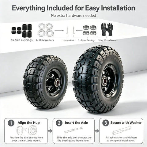 10 Inch Solid Tire And Wheel 4.10/3.50-4 Puncture Proof Cart Wheels 2 Pack with assembly instructions and included parts.