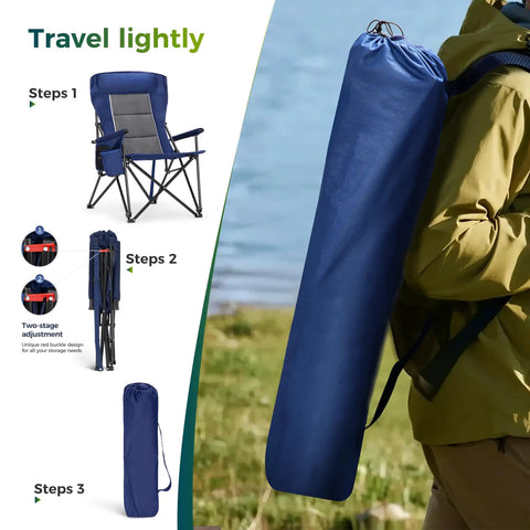 Person carrying oversized folding camping chair in bag showing setup steps for adults with high back support and cup holders