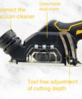 Heavy Duty Brushless Angle Grinder 20V 550W 3 Inch Cordless Power Tool showing tool-free cutting depth adjustment and dust cover.