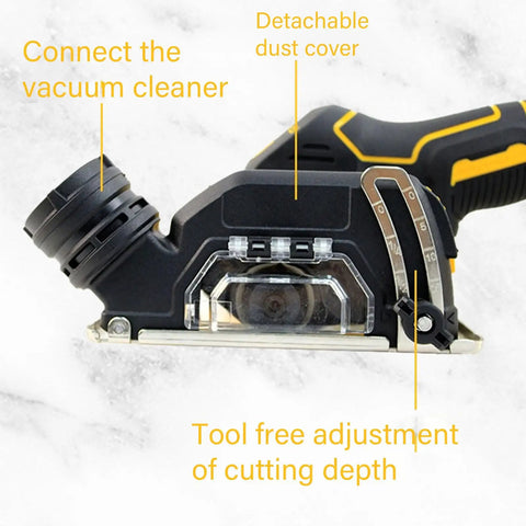 Heavy Duty Brushless Angle Grinder 20V 550W 3 Inch Cordless Power Tool showing tool-free cutting depth adjustment and dust cover.
