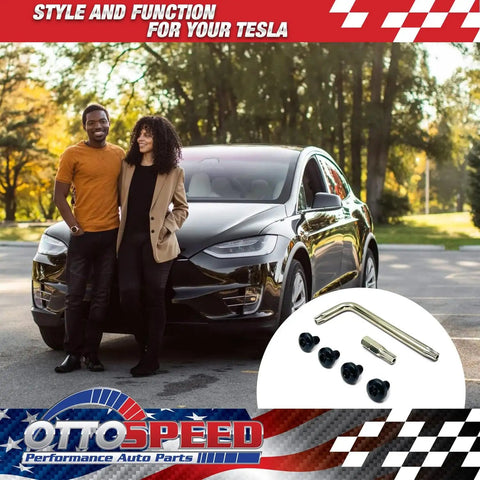Tesla Rear License Plate Screws Antitheft Security Torx Kit Black Stainless Steel Rustproof For Direct Mount Without Frame No Fuss Torx Tool Included 6mm Stock Length Fits All Models kit shown with tools and screws on car background.