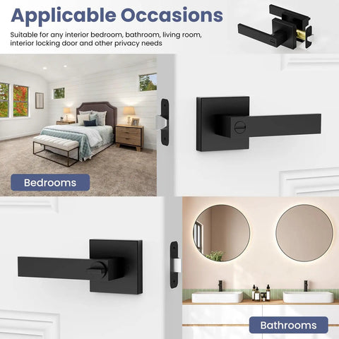 Six Pack Matte Black Interior Door Handles Set With Keyless Privacy Levers, shown in bedroom and bathroom settings.