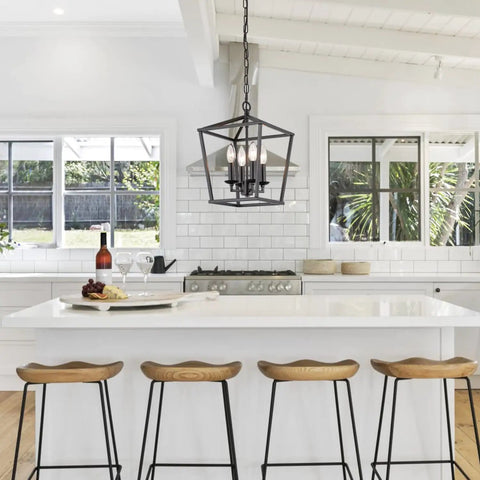 Go-To Industrial Black Four-Light Pendant With Candle-Style Cage Chandelier in white kitchen over island