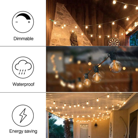 Globe Outdoor String Lights 29Ft With 15 Dimmable Plastic Bulbs Waterproof Shatterproof Patio Lights in backyard settings