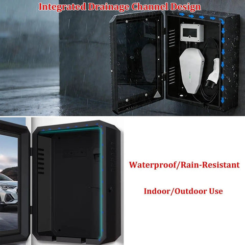 Rugged EV Charger Lock Box Featuring Beefy Vertical Stand And Full Weatherproof Cover For Outdoor Electric Vehicle Stations with drainage design.