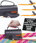 Smooth As Butter Rotary Wrapping Paper Cutter With Three Quick Swap Blades on colorful gift wrap with directions.