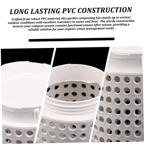 Close-up of In-Ground Compost Bin Kit, Three-Piece 4x10 Inch PVC Composter Tumbler, highlighting PVC construction with holes.