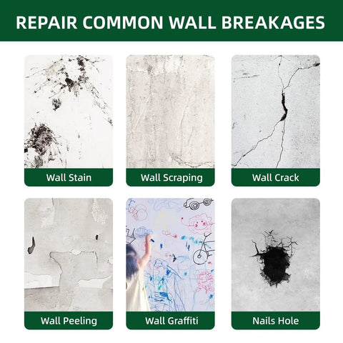 Image illustrating repair of wall damages like stains, scrapes, cracks, peeling, graffiti, and nail holes using All Purpose Wall Putty Repair Kit With Nozzle For Drywall Spackle Paste Safe Non Toxic Waterproof Hole Filler For Ceiling Sheetrock Aluminum Plaster Quick Dry DIY Ready No Mess Long Lasting Finish.