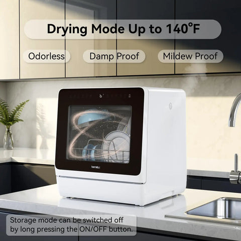 Compact countertop dishwasher with five place setting capacity and seven washing programs in a modern kitchen.