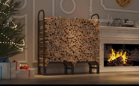Beefy Outdoor Firewood Rack With Steel Tubular Frame 3 Feet Tall Adjustable Log Holder beside fireplace indoors