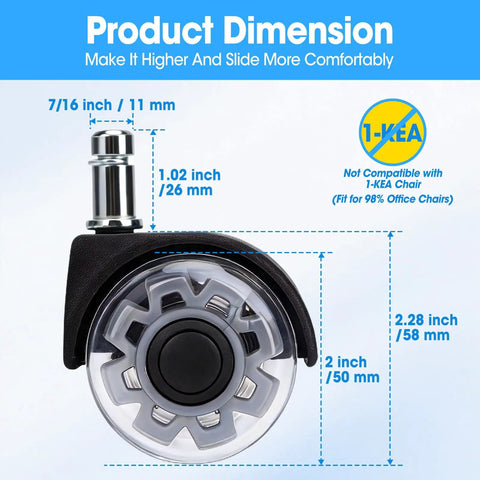 Heavy Duty Roller Blade Office Chair Wheels Set Of Ten Premium Caster Replacement For Hardwood And Carpet 7 16 By 7 8 Inch Stem Fits Most Desks showing dimensions of wheel.