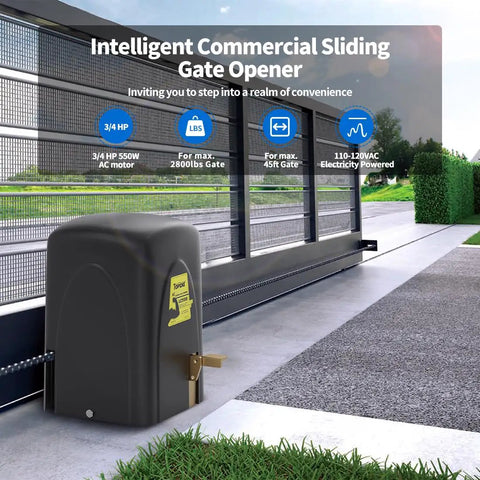 Rock Solid Commercial Chain Drive Sliding Gate Opener with 3/4 HP motor for gates up to 2800 pounds, outdoor use.