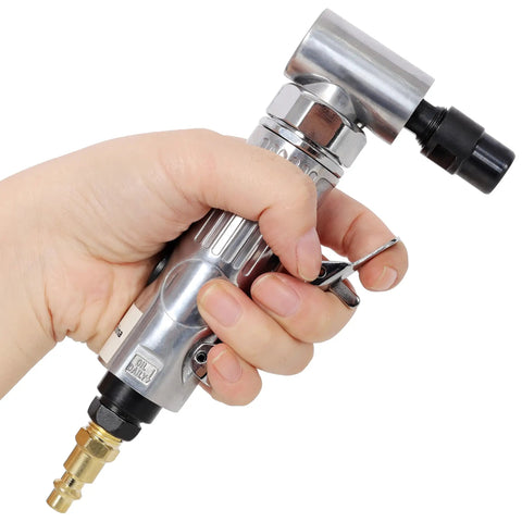 Heavy Duty 1 4 Inch Pneumatic Air Die Grinder Boasting A Badass 90 Degree Swivel Head And 21000 Rpm Ball Bearing Setup held in hand.