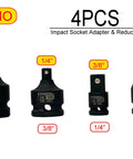 Badass Four Piece Impact Socket Adapter Reducer Set Lets You Convert Between Quarter Three Eighth And Half Inch Drives With Super Tough Drop Forged Chrome Moly Steel Built For Heavy Duty Use, showing 1/4-3/8, 3/8-1/4, 3/8-1/2, 1/2-3/8 adapters with CR-MO material