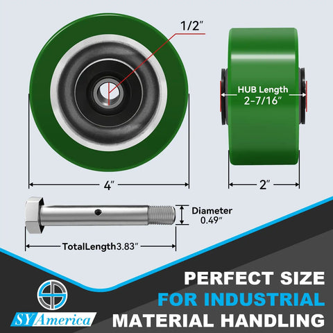 Heavy Duty Polyurethane Casters With Aluminum Core Wheels And Extra Thick Tread For Smooth Rolling And Kick Butt Performance In Industrial Warehouses Set Of 100, 4-inch wheel, green polyurethane, 2-inch width, for material handling.