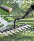 Iron Weeding Rake 2.0 with 8 teeth, carbon steel head, showing triple welded joints and screw reinforcement details.