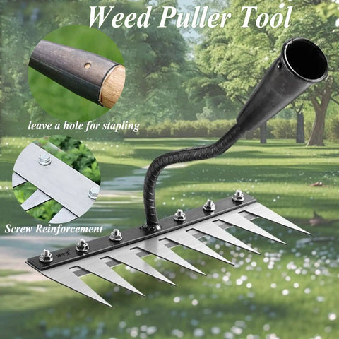 Iron Weeding Rake 2.0 with 8 teeth, carbon steel head, showing triple welded joints and screw reinforcement details.