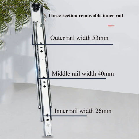 Pro Grade Heavy Duty Drawer Slides Built Tough Like A Tank Rolling Smooth As Butter With Reliable Self Locking Design For Kitchen Drawers Or Shop Storage At Sixty Centimeters Long three-section removable inner rail with dimensions shown.