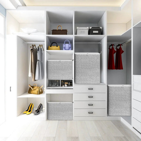 Straight Up Game Changing Foldable Storage Bags 4 Pack With Sturdy Handles Seasonal Closet Organizers arranged in modern closet.