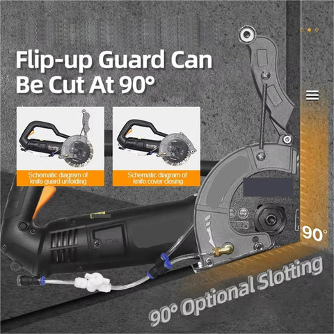 Bad Ass 195mm Electric Wall Chaser Concrete Cutter With Laser Aiming showing flip-up guard at 90 degrees for precision cutting.