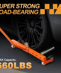 Heavy Duty Truck Wheel Dolly Featuring Rock Solid Greaseless Bearings And Fully Adjustable Height Platform To Roll Massive Tires Smoothly Without The Hustle On Any Shop Floor with an orange frame and a tire.