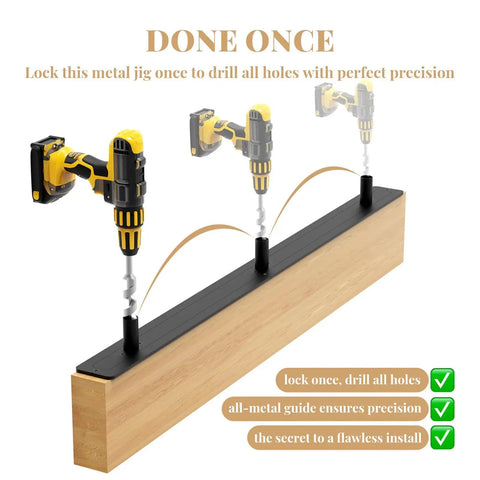 Heavy Duty Floating Shelf Brackets With Reusable All Metal Jigs For Pros And DIYers, drill attached to jig system on wood