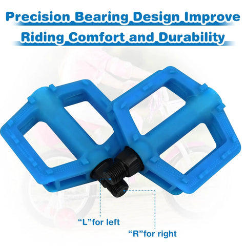 Kid Friendly 1/2 Inch Thread Universal Lightweight Non Slip Nylon Flat Pedals For Kids Bikes Blue with L and R labels