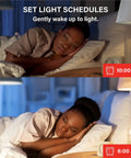 Woman sleeping, illustrating Zigbee Smart Light Bulbs 8 Pack With Hub Required, showing light schedule feature at 10 PM and 6 AM.
