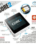 Core2 ESP32 IoT Development Kit V1.1 with dual core processor and 2.0 inch capacitive touch screen, showing labeled features.