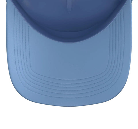 Top view of Classic Master Plumber Evolution Graphic Trucker Cap With Adjustable Mesh Back For Blue Collar Bros And Trade Workers Who Want That Legit Shop Floor Swag And Killer Fit Year Round In Light Blue.