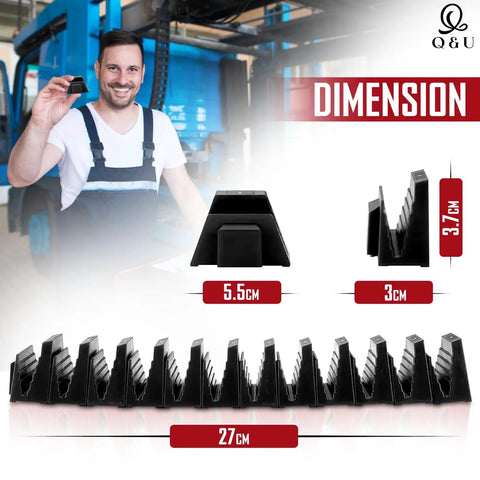 Man displaying Slick Modular Wrench Organizer System With 48 Magnetic Holders dimensions with visual guides.