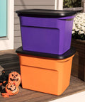 Top Shelf 18 Gallon Storage Totes With Lids, Stackable Plastic Bins For Heavy Duty Organizing, Purple and orange bins stacked on a porch.