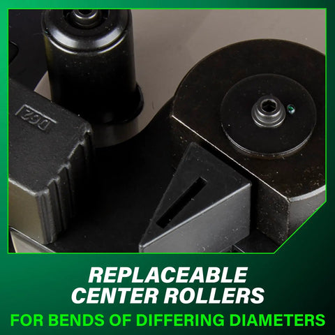 Close-up of replaceable center rollers on Badass Cordless Rebar Bender and Cutter for bends of differing diameters.