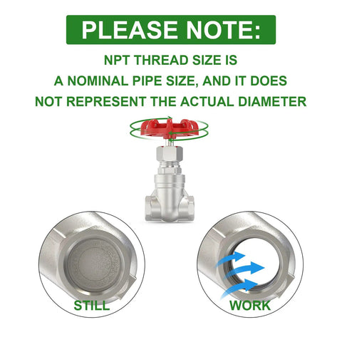 Illustration of 304 Stainless Steel Gate Valve 3/4 Inch NPT Female With Wheel Handle, showing internal mechanism action.