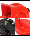 Top Shelf 2 Pack 12V Electric Snail Horn Set Dual Tone High Low Pitch Wicked Loud 110 DB Rattler Buzzer close-up of red horn detail