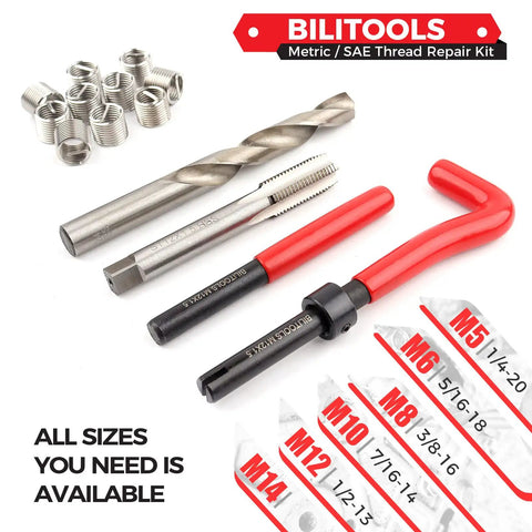 Heavy Duty M10x1.25 Thread Repair Kit Featuring 304 Stainless Steel Helicoil Inserts And Precision HSS Tap Drill Set For A Legit Fix On Stripped Bolts Around The Garage Or Plumbing Jobs tools including stainless inserts and HSS tap.