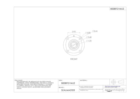 Built Tough Piloted Flange Bearing With Rugged Cast Iron Housing Four Bolt Mount And Felt Seals One Point Two Five Inch Bore Setscrew Lock Collar dimensions drawing.