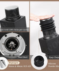 Dead Simple Single Dose Coffee Grinder With Killer Conical Burrs Angled Tilt Body, showing precise grid and steel burr.