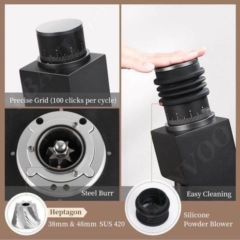 Dead Simple Single Dose Coffee Grinder With Killer Conical Burrs Angled Tilt Body, showing precise grid and steel burr.