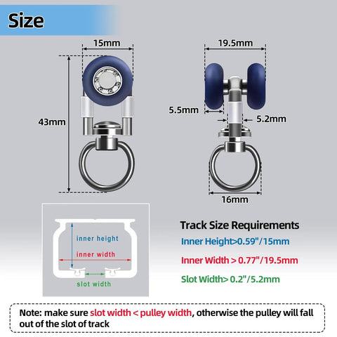 Heavy Duty Silent Glide Curtain Track Rollers With Pulley Wheel Runners Set size diagram with measurements in mm for ceiling mount.