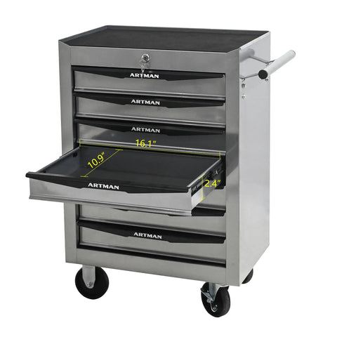 21 Inch Lockable Rolling Tool Chest With Tough As Nails Steel Build And Smooth Ball Bearing Slides Parking Brake Casters For Easy Shop Hopping, featuring open drawer dimensions.