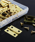 Nifty Mini Brass Hinges 18 X 15 Mm Bulk Pack Of 30 Rock Solid Vintage Hardware for jewelry boxes with screws in a clear container.