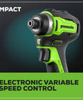 Close-up of green and black 24V Brushless Cordless Drill And Impact Driver Combo Kit With Half Inch Drill, highlighting speed control feature.