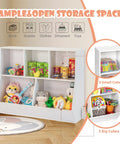 Totally Kid Approved Bookshelf And Storage Organizer For Playroom With Open Wooden Bookcase Shelves Toy Cabinet featuring storage toys and books.