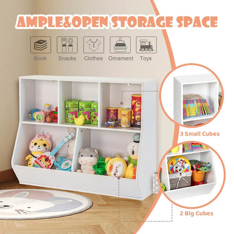 Totally Kid Approved Bookshelf And Storage Organizer For Playroom With Open Wooden Bookcase Shelves Toy Cabinet featuring storage toys and books.