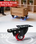 Heavy Duty Two Inch Caster Wheels With Twin Locking Brakes And Silent Polyurethane Treads, 360° swivel for easy steering on a cart.