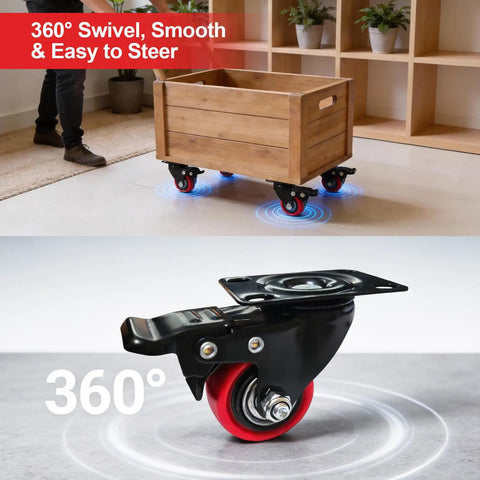 Heavy Duty Two Inch Caster Wheels With Twin Locking Brakes And Silent Polyurethane Treads, 360° swivel for easy steering on a cart.
